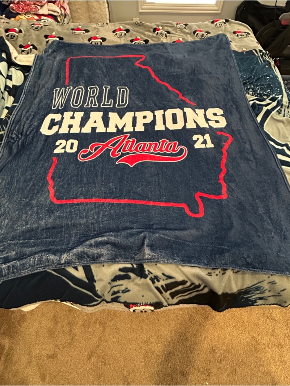 Atlanta World Champions 2021 Navy Plush Throw Blanket 4 1/2 x 3 1/2’